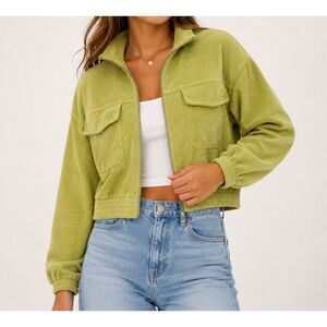 Aerie Green Ribbed Zip Up Cropped Jacket Size M Casual Utility Shacket